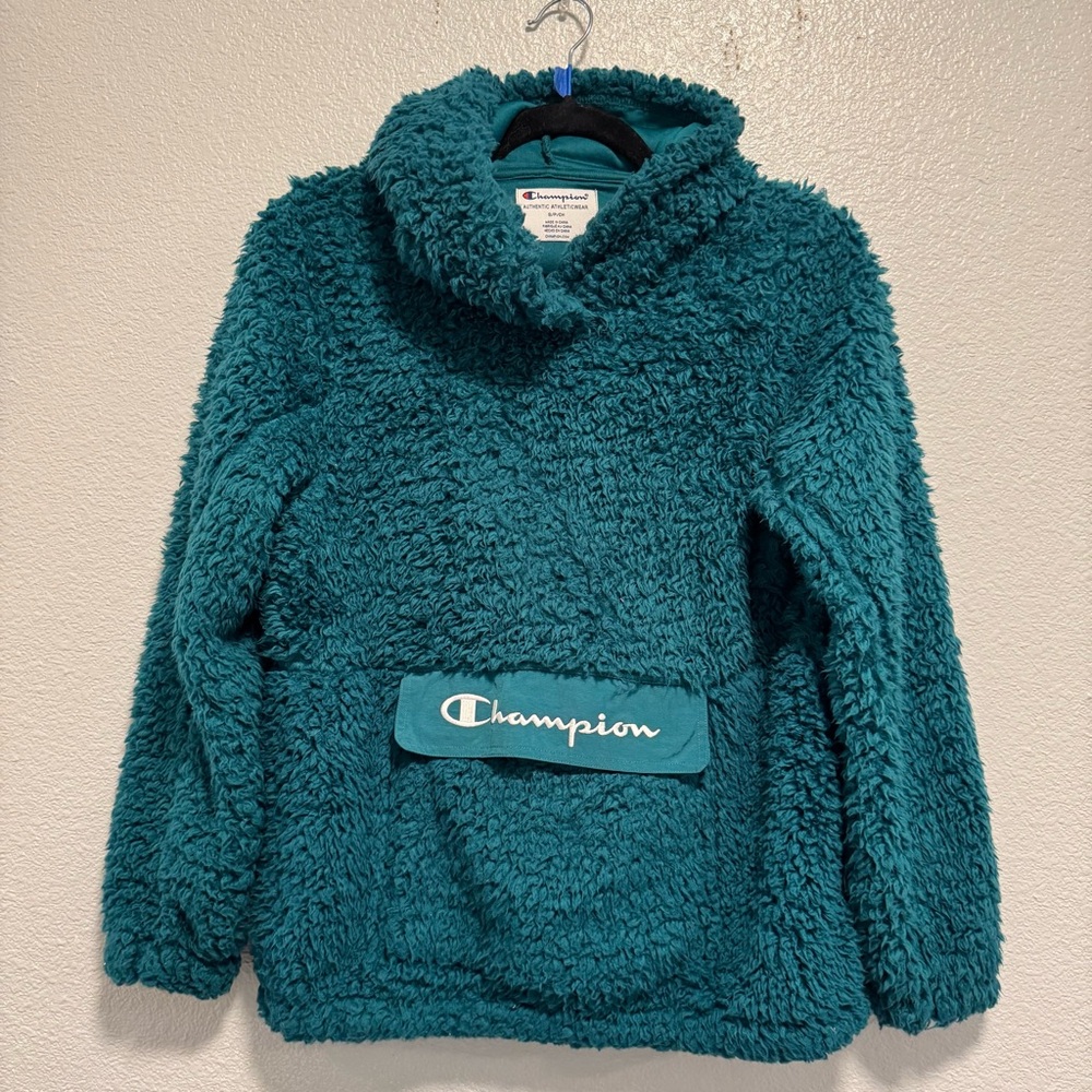 Champion Sherpa Hoodie Size Small Front Pocket Teal Green Soft Warm Stylish Fall